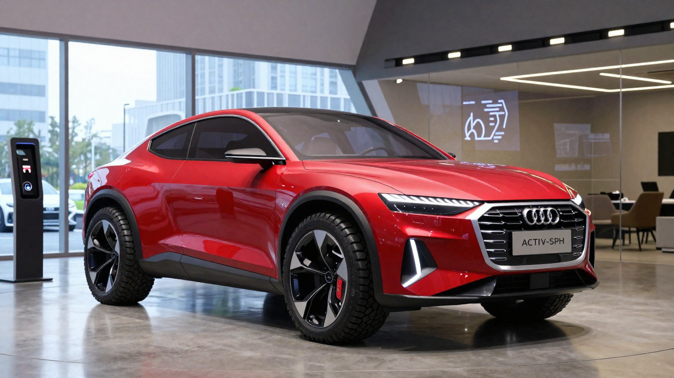 Carro desportivo elétrico Audi vermelho, modelo ACTIV-SPH, exposto numa sala moderna com janelas amplas.