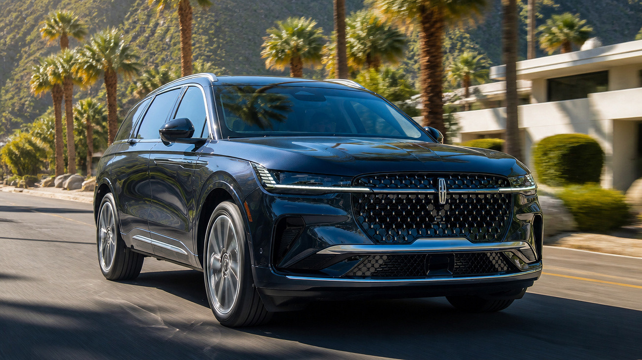 SUV negro Lincoln a conduzir numa estrada urbana com palmeiras e montanhas ao fundo.