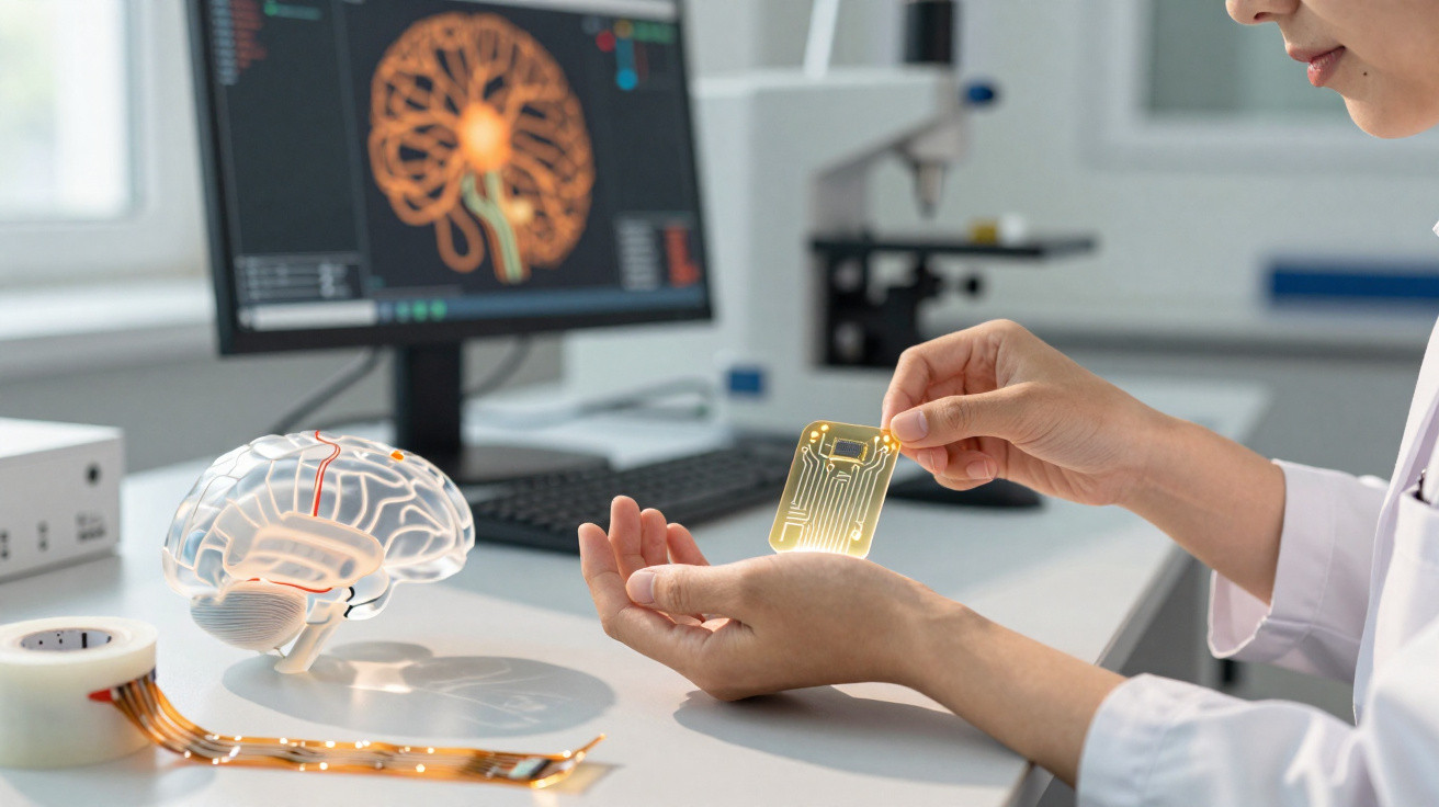 Pessoa em laboratório a examinar chip tecnológico transparente ao lado de modelo de cérebro e ecrã digital.