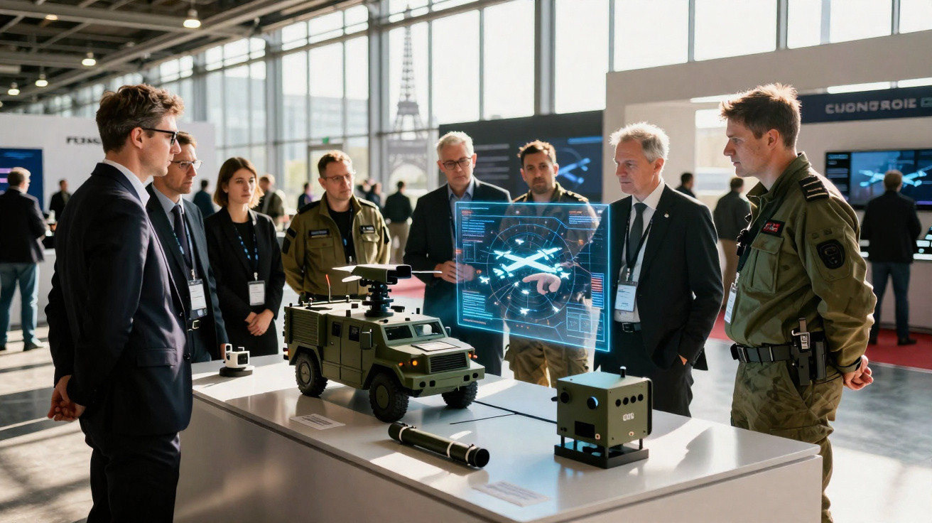 Grupo de profissionais militares e civis analisam veículos e tecnologia de defesa numa exposição.
