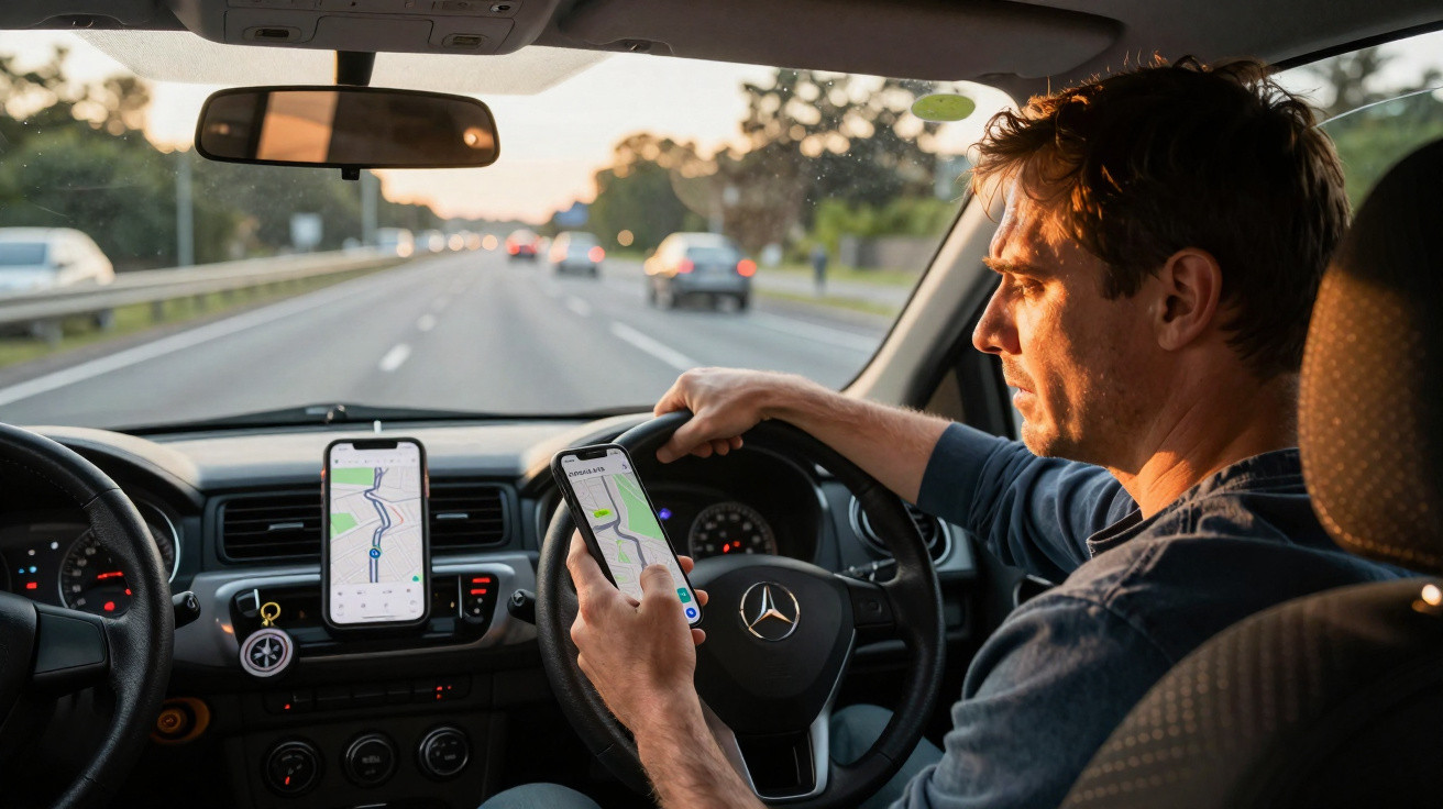 Homem conduzindo carro Mercedes enquanto consulta GPS no telemóvel e no ecrã do carro numa estrada.