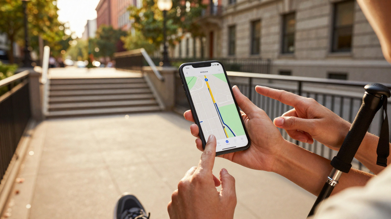 Pessoa a usar smartphone com mapa e bengala tátil para navegação em ambiente urbano.