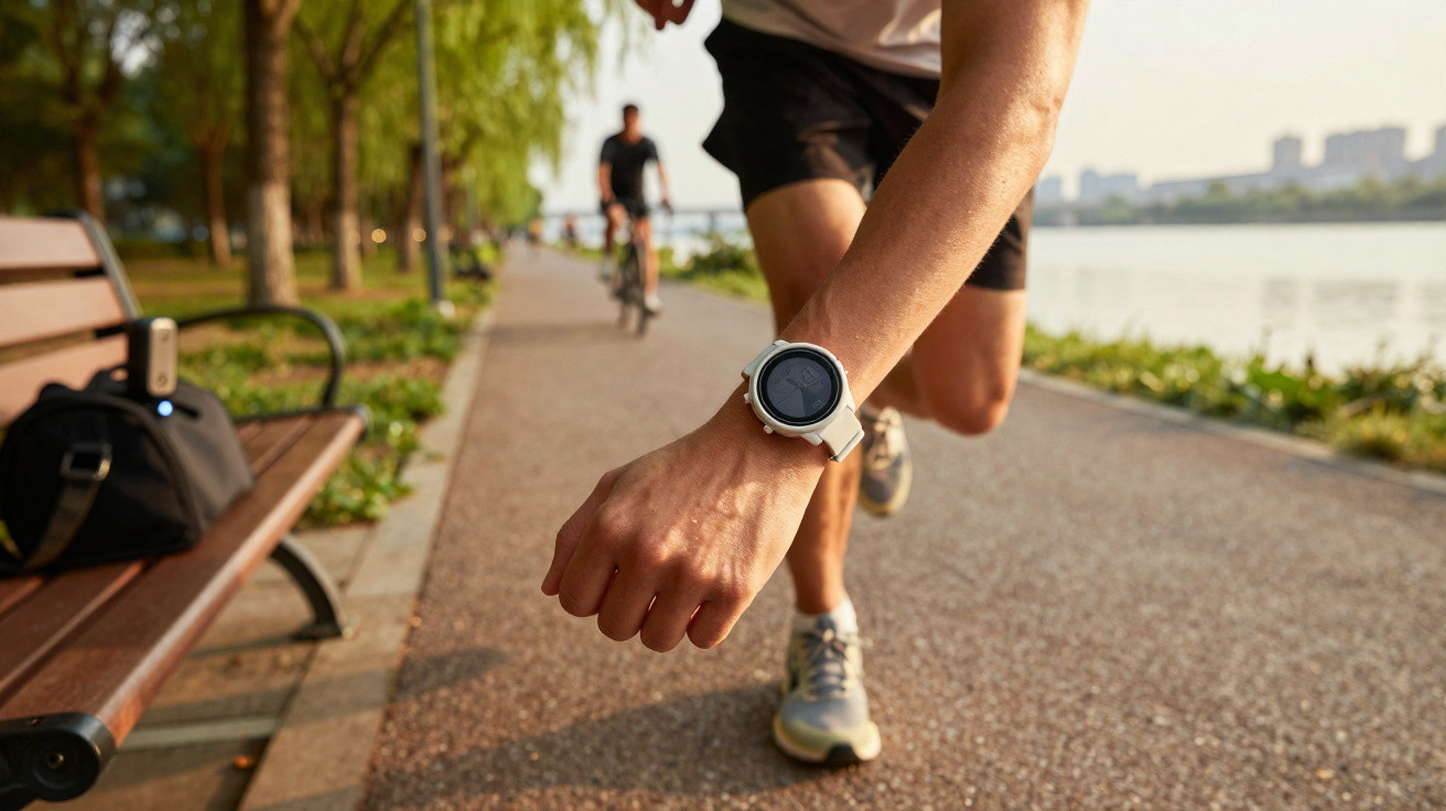 Pessoa a correr num parque junto a um lago, com foco no relógio desportivo no pulso esquerdo.