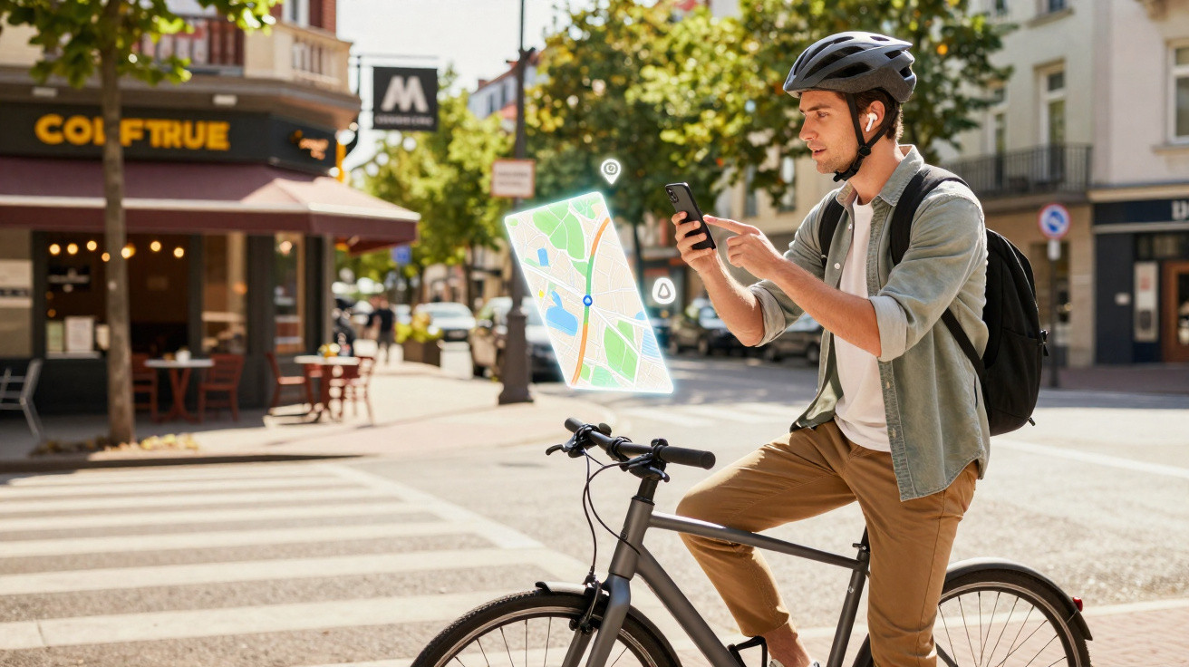 Homem com capacete e mochila consulta mapa digital no telemóvel enquanto está parado com uma bicicleta na rua.
