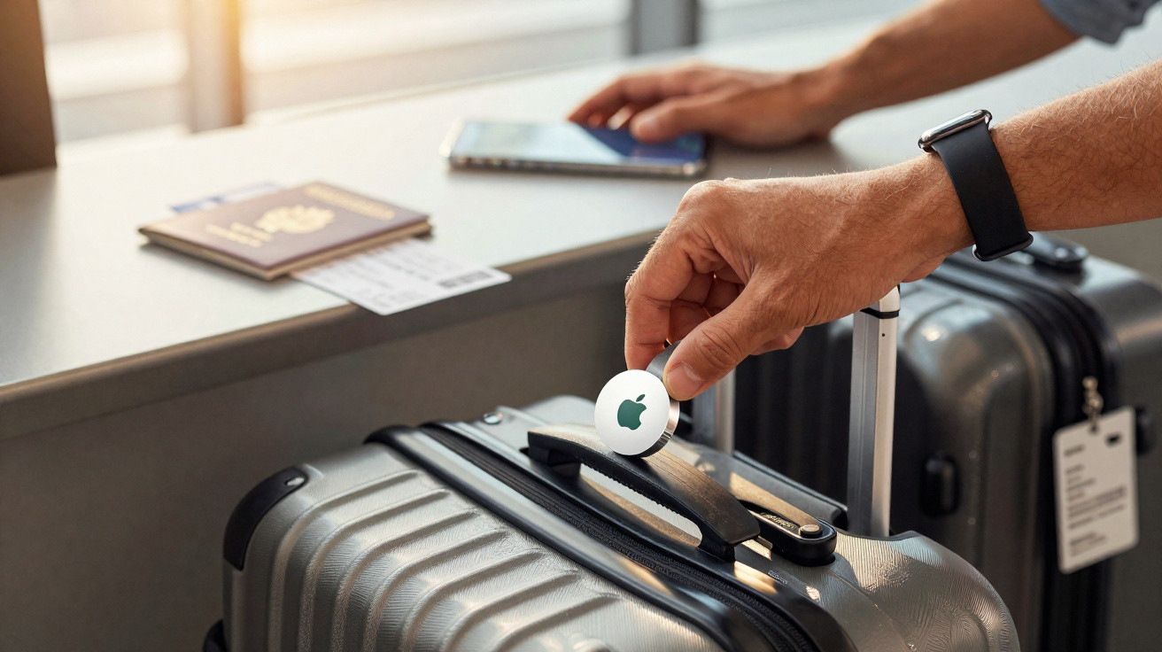 Pessoa a colocar localizador Apple AirTag numa mala prateada num balcão de aeroporto com passaporte e bilhetes.
