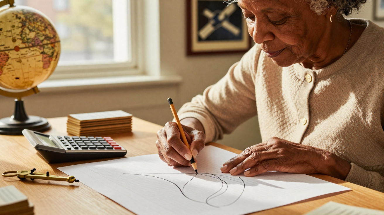 Mulher idosa a desenhar linhas num papel com lápis, com globo e calculadora na mesa.