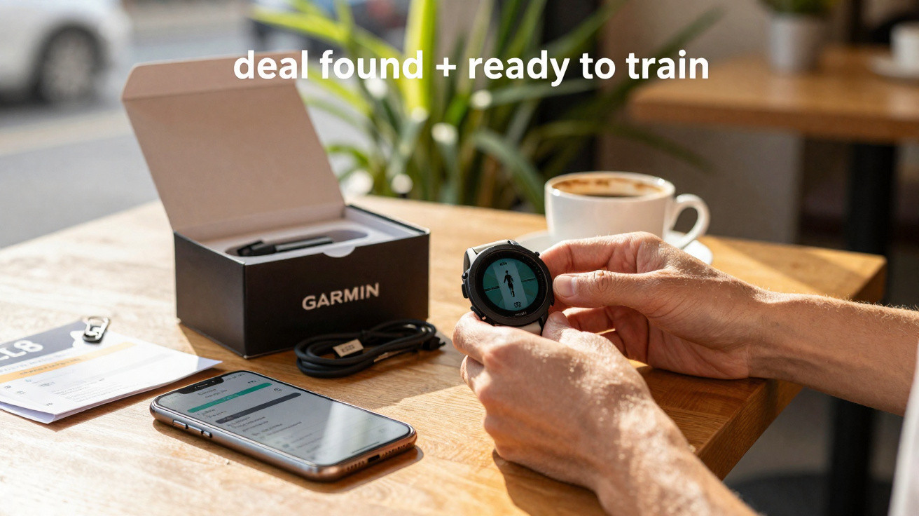 Pessoa a segurar relógio Garmin no café, com telemóvel, caixa aberta e chávena na mesa de madeira.