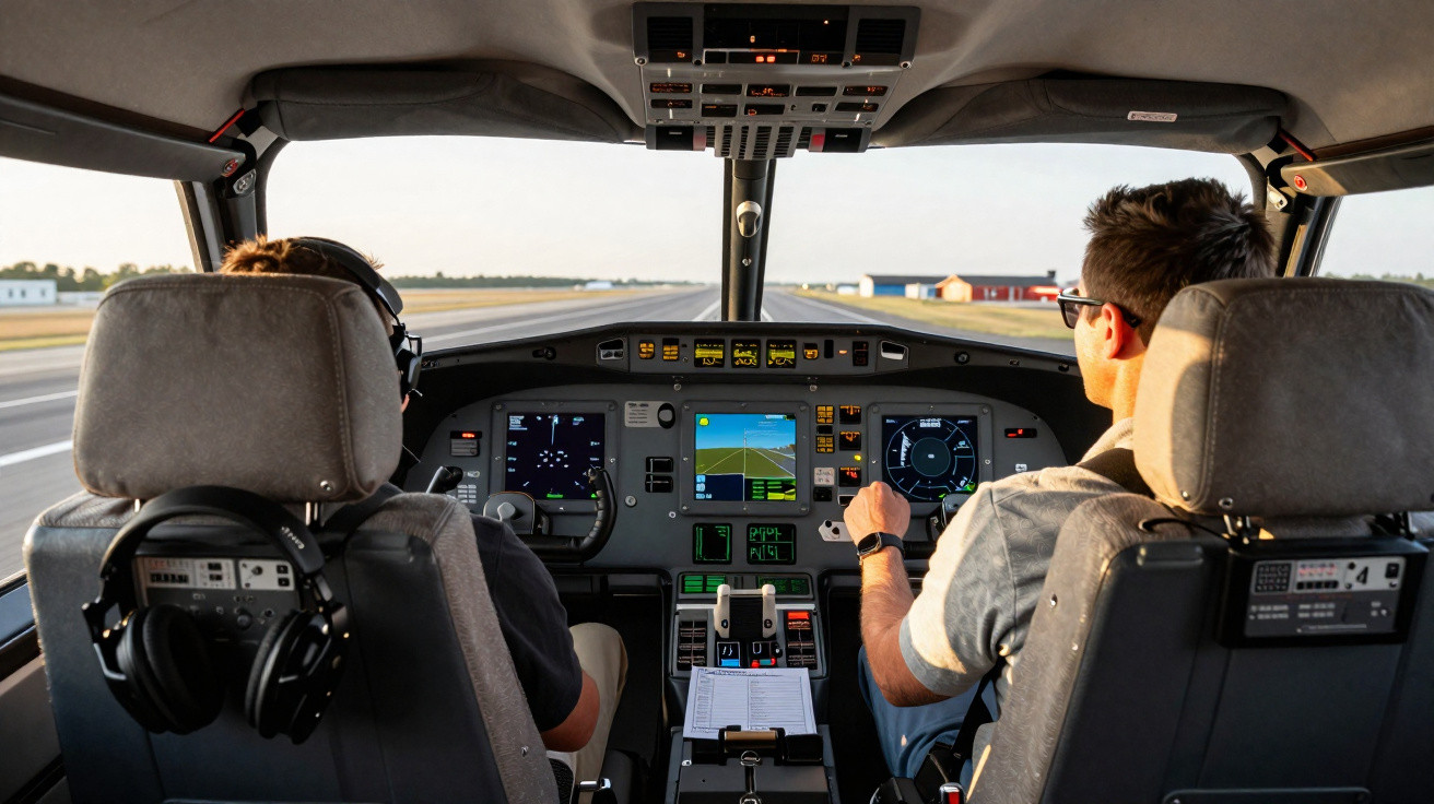 Cockpit de avião com dois pilotos em operação, exibindo múltiplos ecrãs e painéis de controlo.