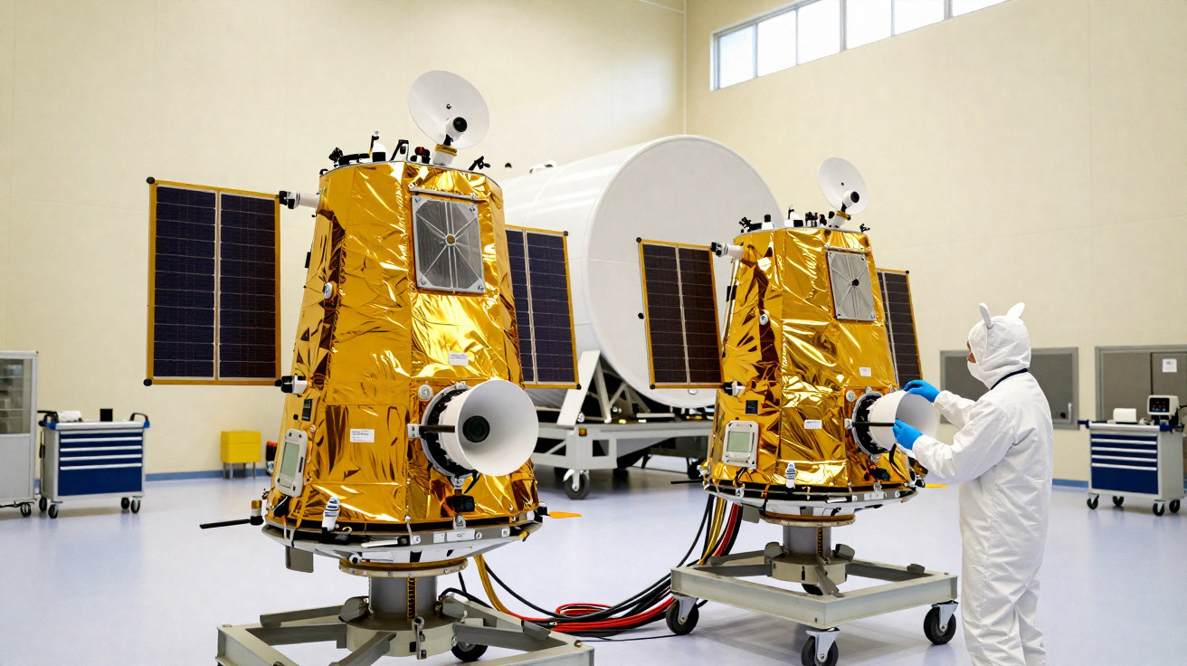 Dois satélites dourados com painéis solares em laboratório, com técnico vestido de uniforme branco.
