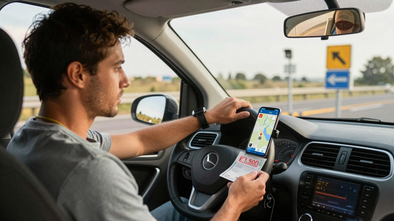 Homem ao volante de carro com GPS no telemóvel e a segurar um papel com valor monetário.