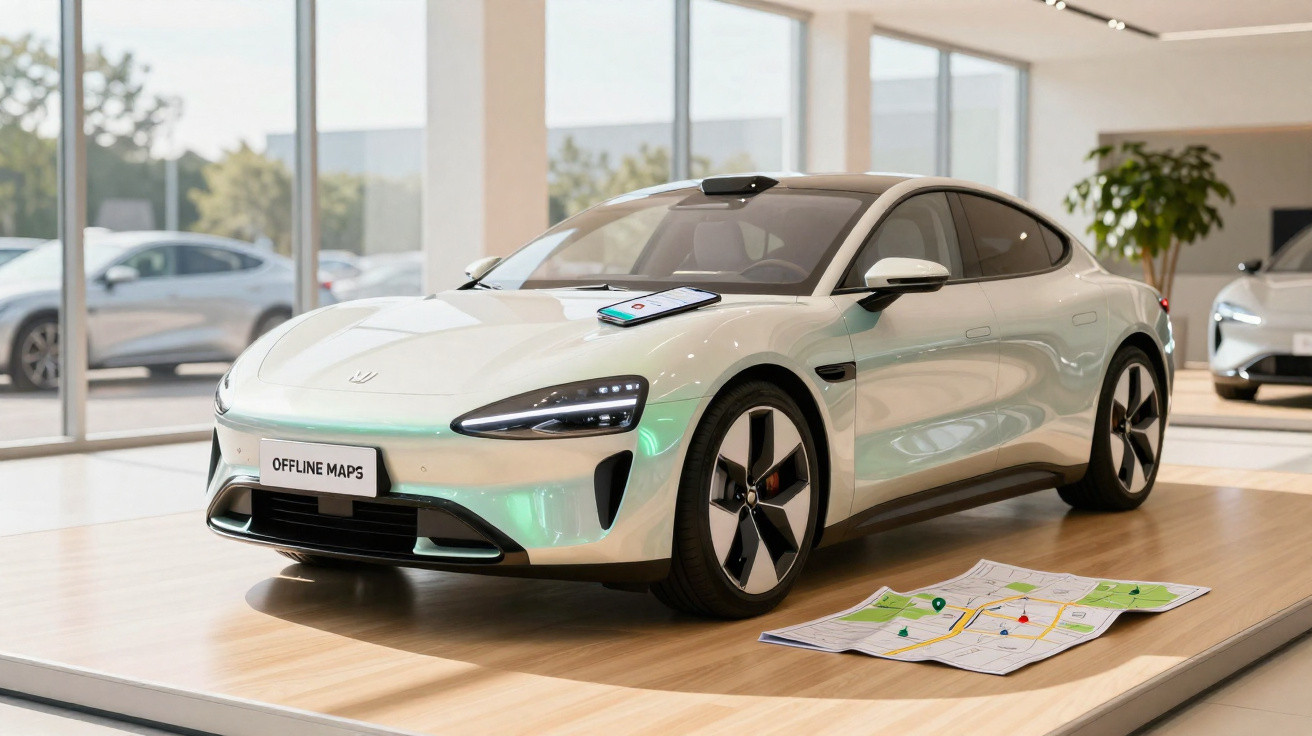 Carro elétrico branco em exposição, com telemóvel na capota e mapa de papel no chão, em ambiente luminoso interior.