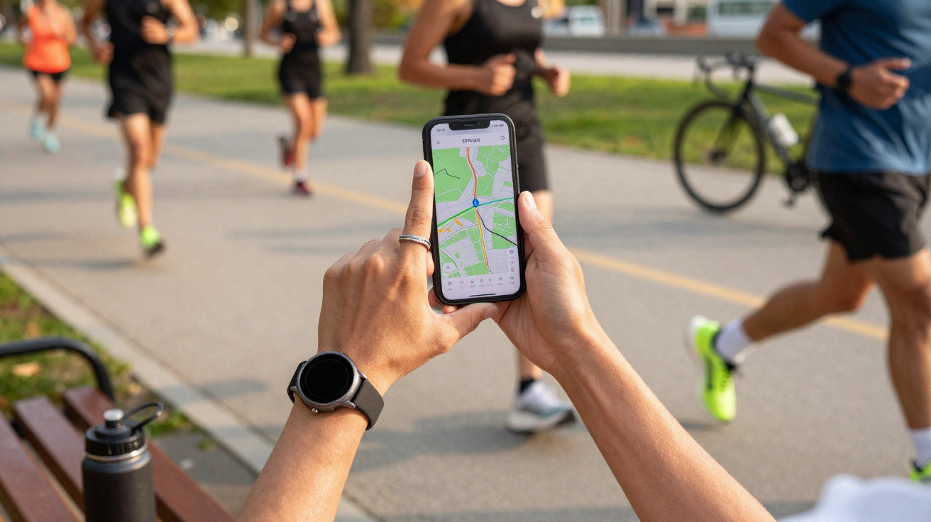 Pessoa a segurar telemóvel com mapa na app de GPS, enquanto corredores passam numa pista urbana.
