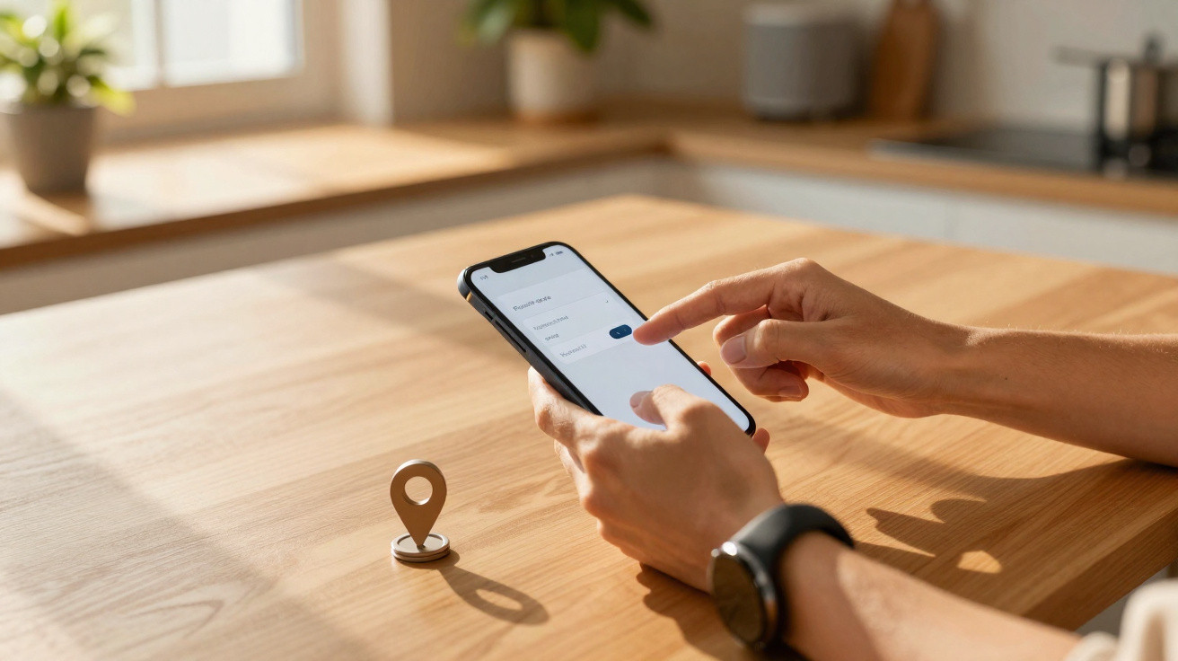 Pessoa a usar um smartphone para ativar serviço de localização com ícone de marcador de localização numa mesa de madeira clar