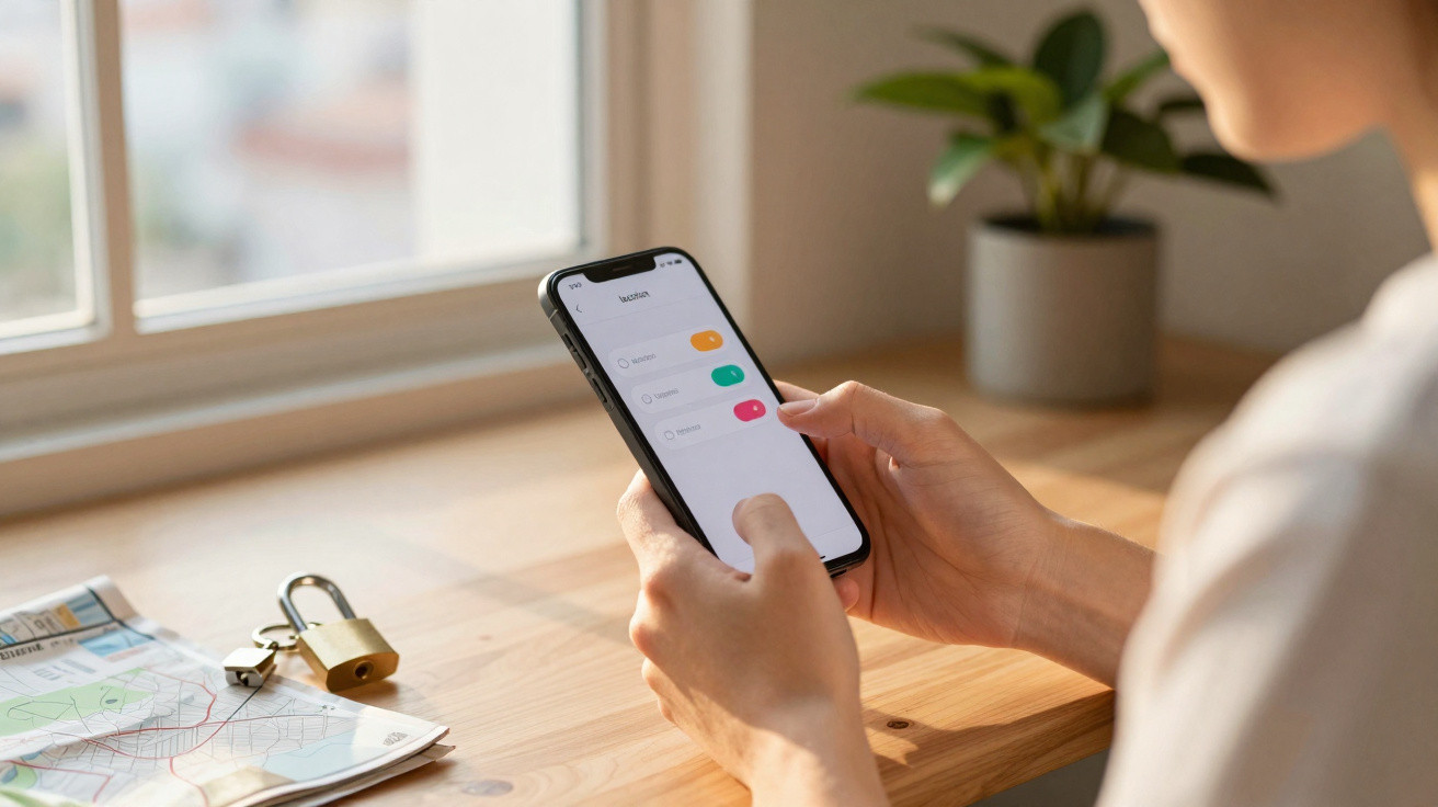 Pessoa a usar telemóvel para controlar dispositivos ligados numa aplicação, junto a mapa, cadeado e planta numa mesa de madei