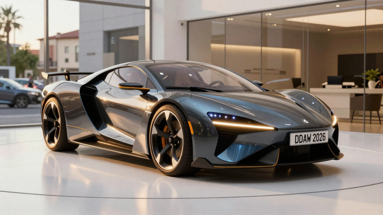 Carro desportivo elétrico cinzento com design futurista numa exposição moderna urbana ao entardecer.