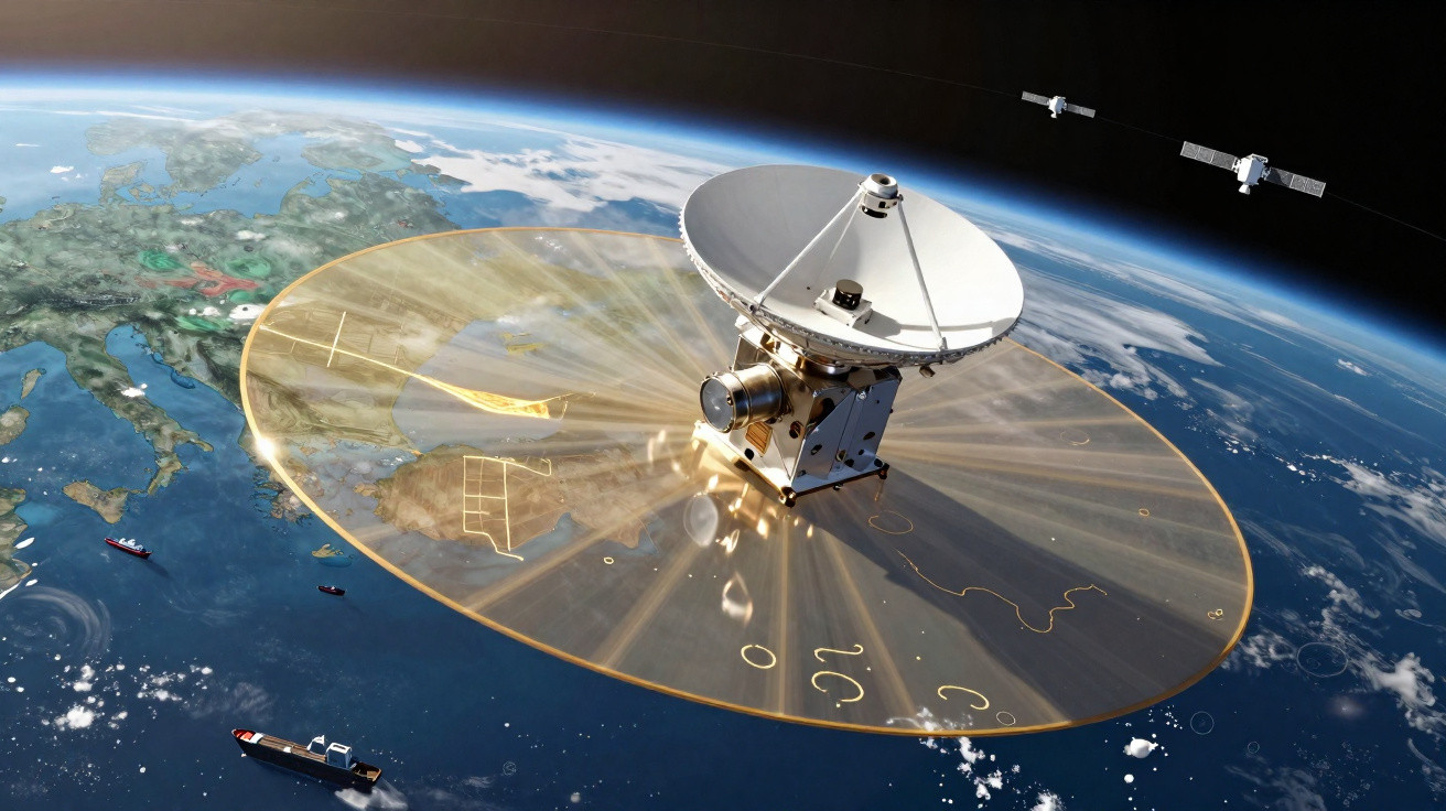 Satélite espacial com grande antena circular sobre a Terra, mostrando Europa e navios no oceano.