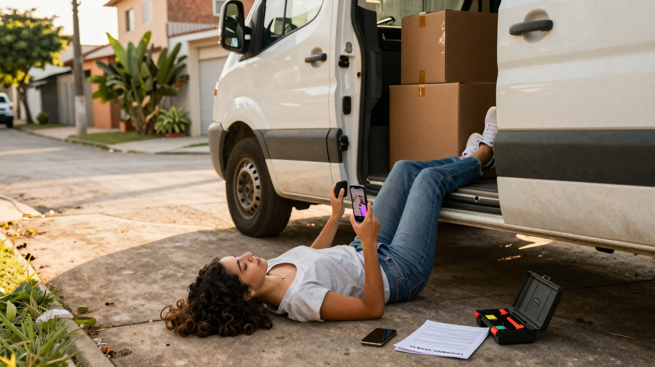 Mulher deitada com pernas na carrinha, a usar telemóvel, rodeada de caixas e documentos numa rua residencial.