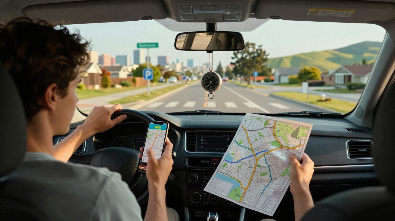 Homem ao volante consulta mapa físico e mapa digital dentro de carro numa estrada urbana.