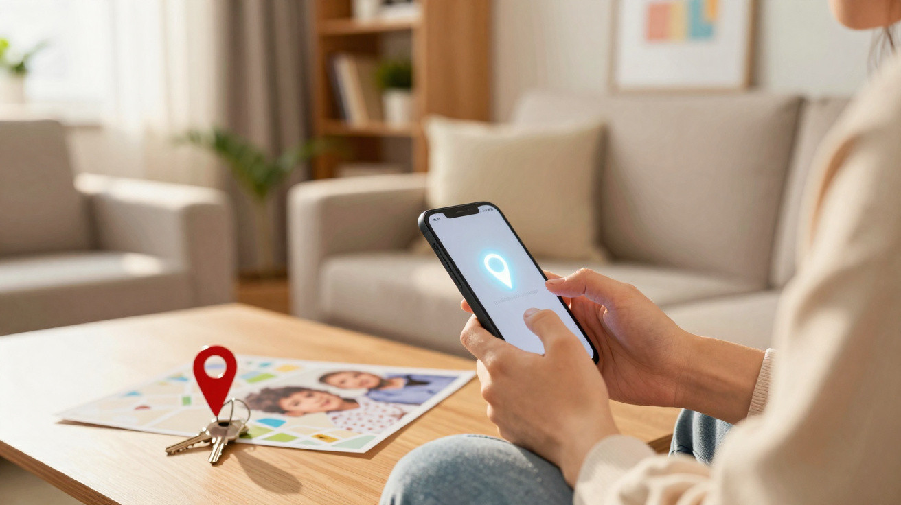 Pessoa a usar smartphone para localização, chaves com marcador e foto de crianças numa mesa de madeira.