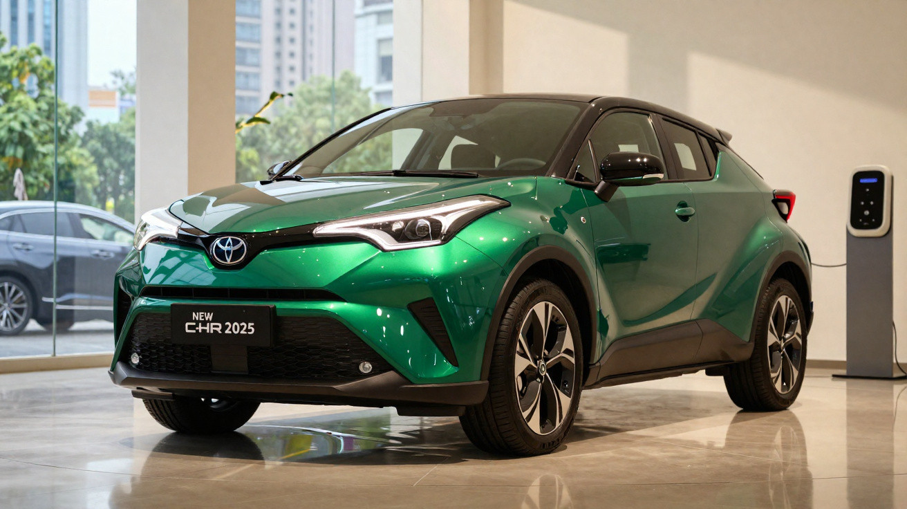 Carro elétrico Toyota C-HR 2025 verde estacionado em showroom moderno e iluminado.
