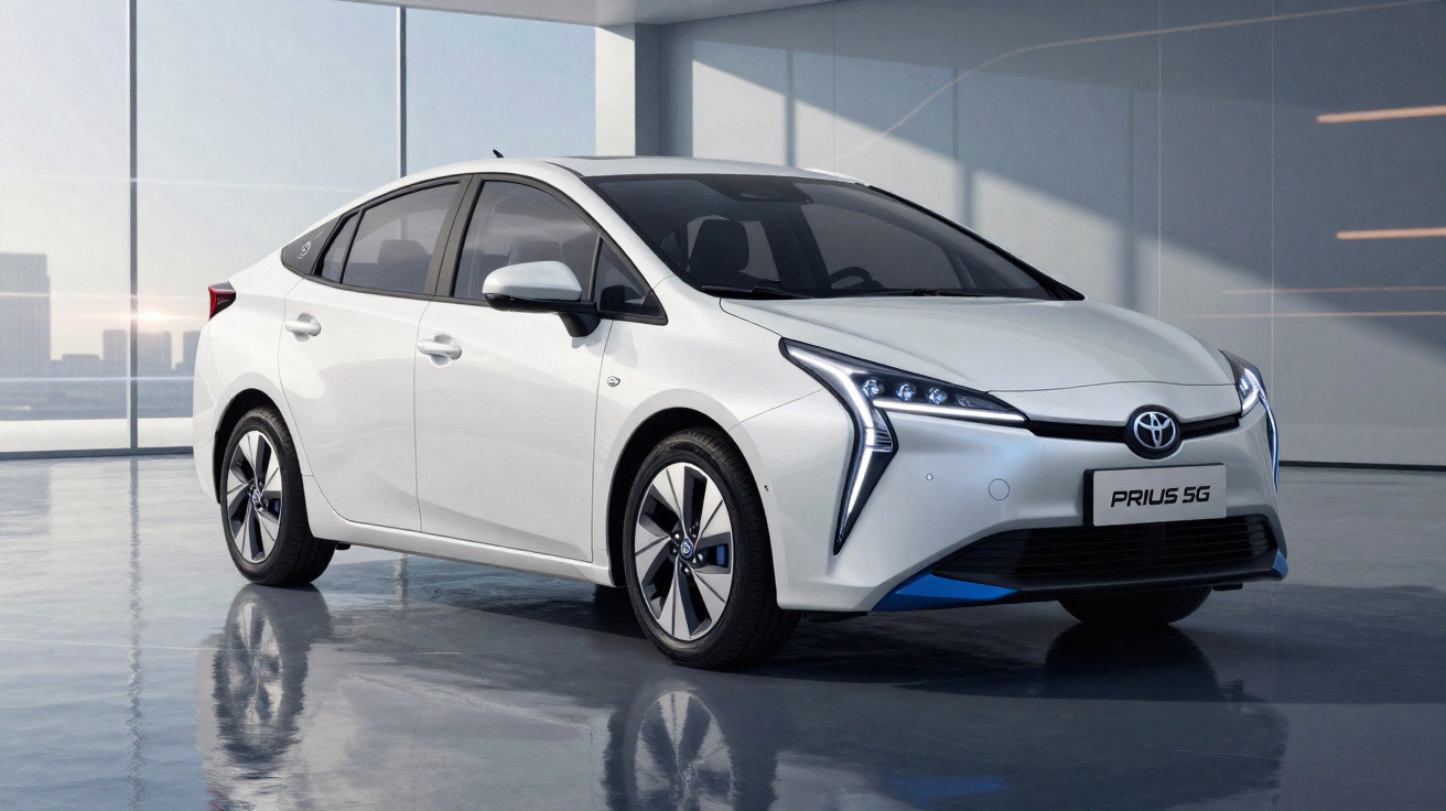 Carro híbrido branco Toyota Prius 5G estacionado em interior moderno com chão espelhado.
