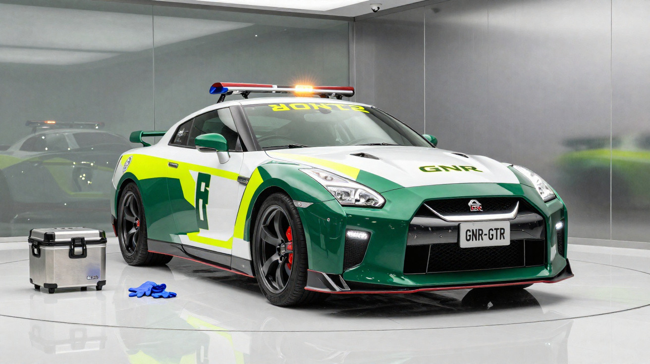 Carro de polícia GNR verde e branco com luzes no tejadilho e caixa e luvas azuis ao lado.