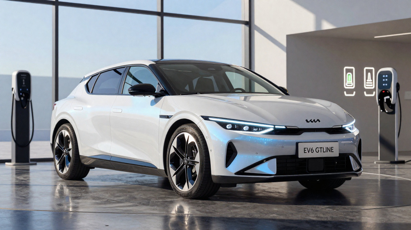 Carro elétrico branco Kia EV6 GT Line estacionado em estação de carregamento com janelas grandes ao fundo.