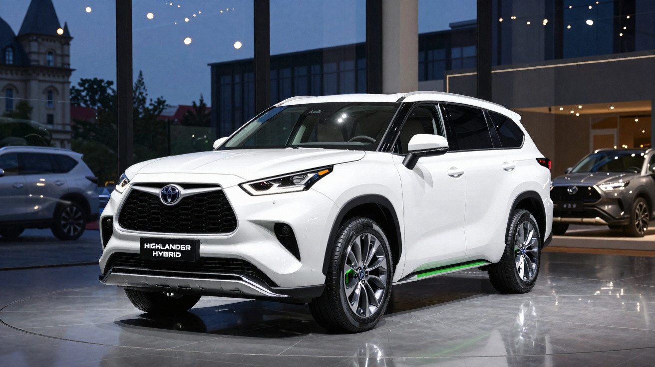 Toyota Highlander Hybrid branco estacionado numa sala de exposição moderna à noite