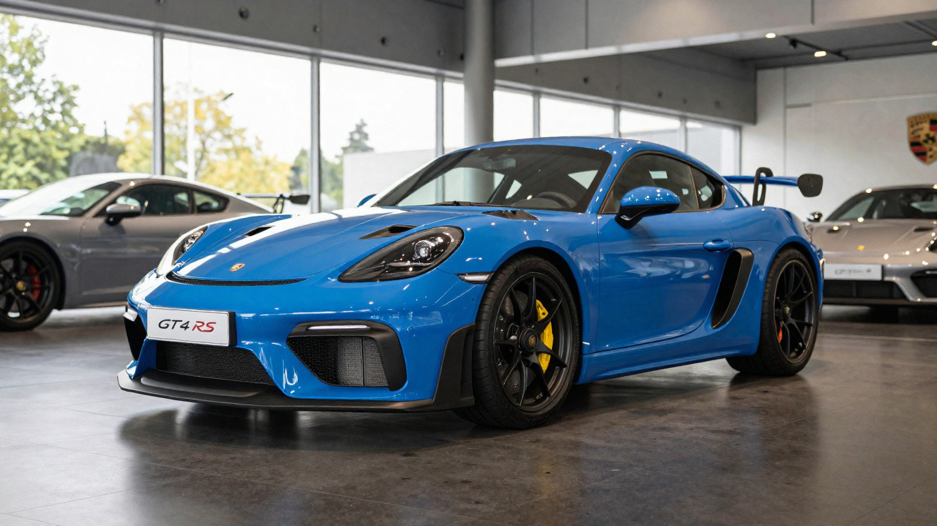 Carro desportivo Porsche GT4 RS azul exibido numa loja moderna com outros carros ao fundo.