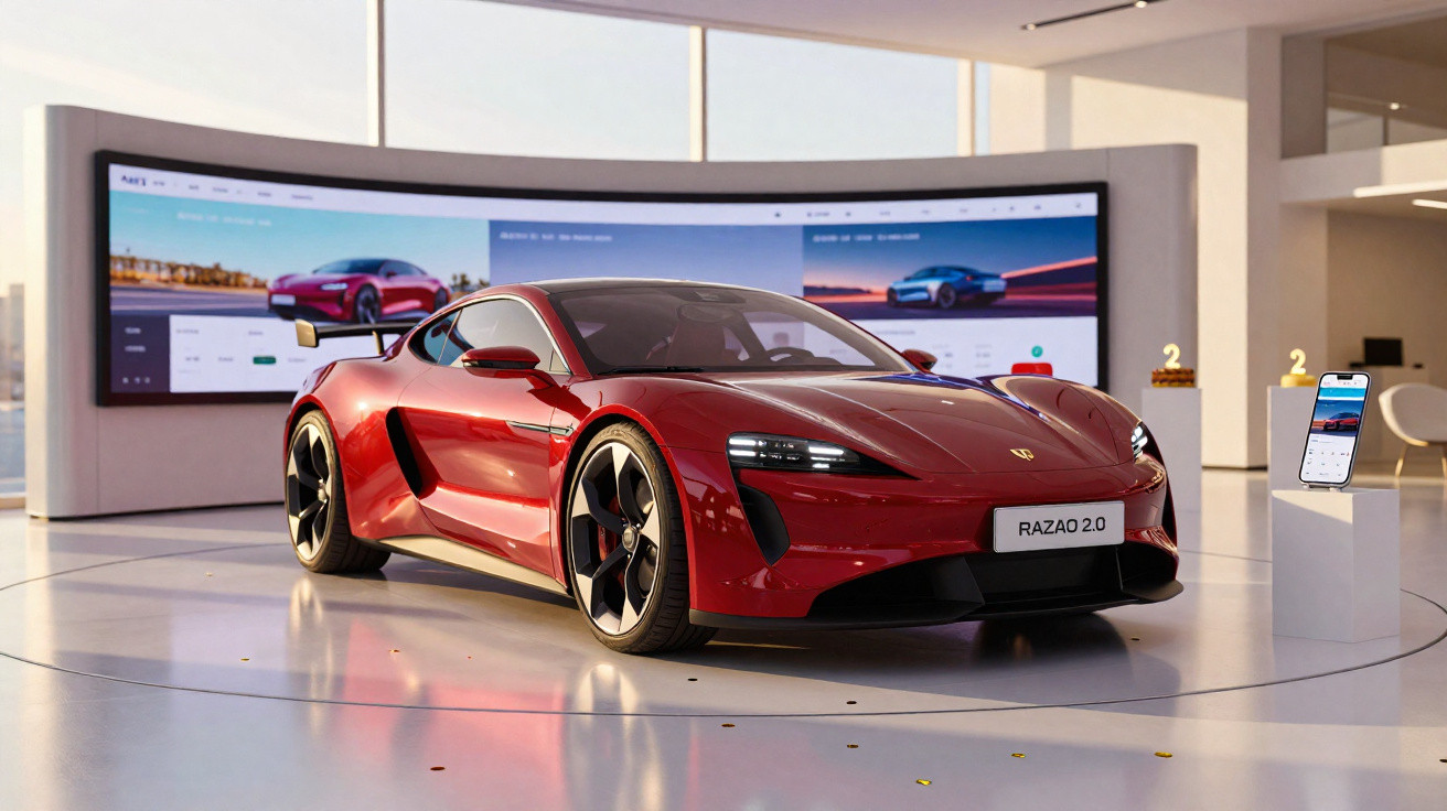 Carro desportivo elétrico vermelho Razao 2.0 exposto em showroom moderno com ecrã panorâmico ao fundo.