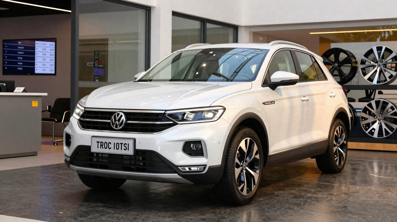 Volkswagen T-Roc branco estacionado no interior de concessionária com rodas expostas ao fundo.