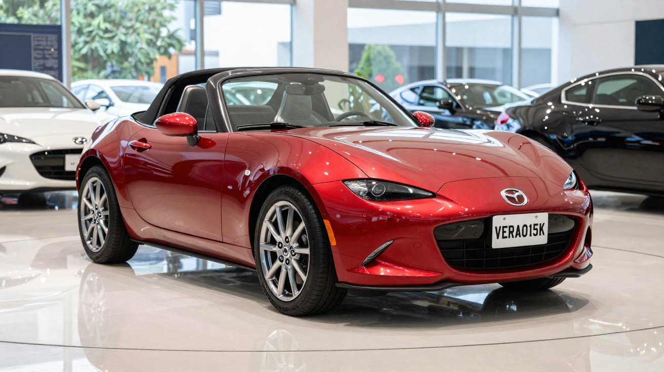 Carro desportivo descapotável vermelho Mazda MX-5 num salão de automóveis moderno.