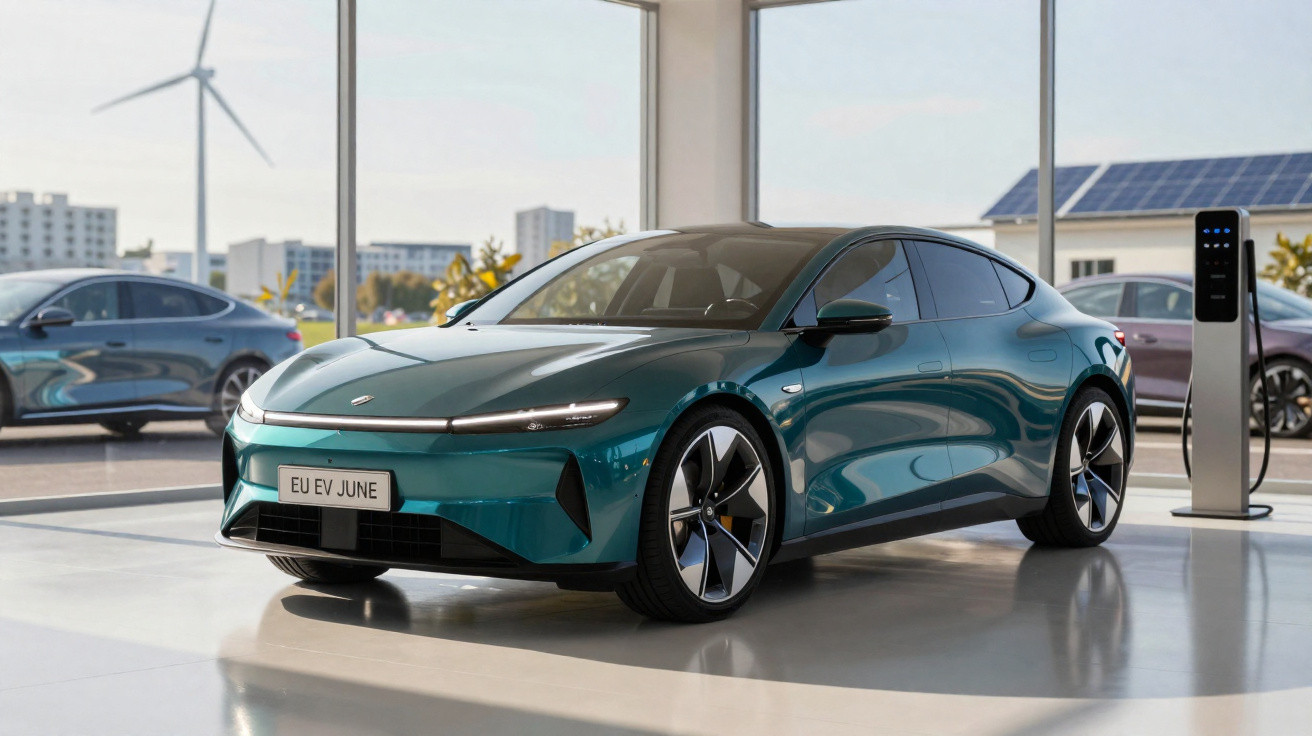 Carro elétrico moderno verde numa sala de exposição com postes de carregamento e turbina eólica ao fundo.