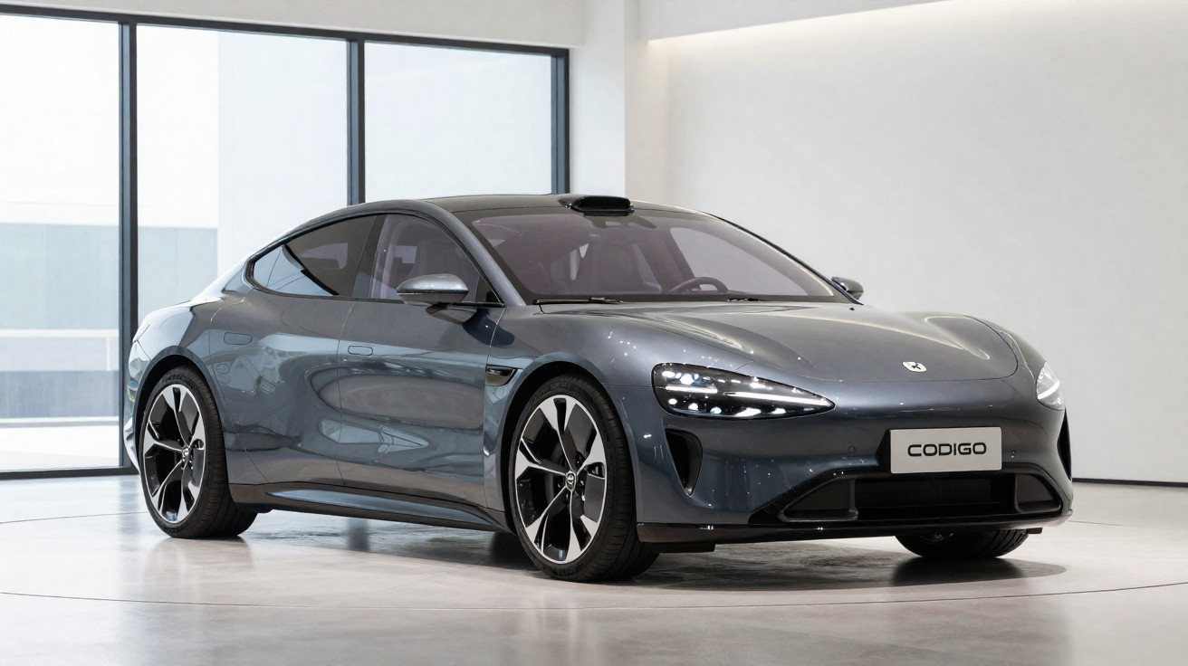 Carro desportivo elétrico cinzento com linhas aerodinâmicas exibido numa sala moderna e luminosa.