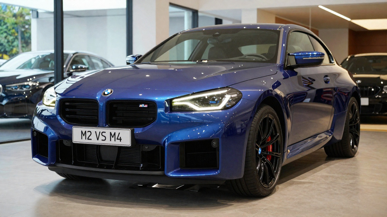 BMW M4 azul brilhante estacionado numa sala de exposição, vista frontal com faróis acesos.
