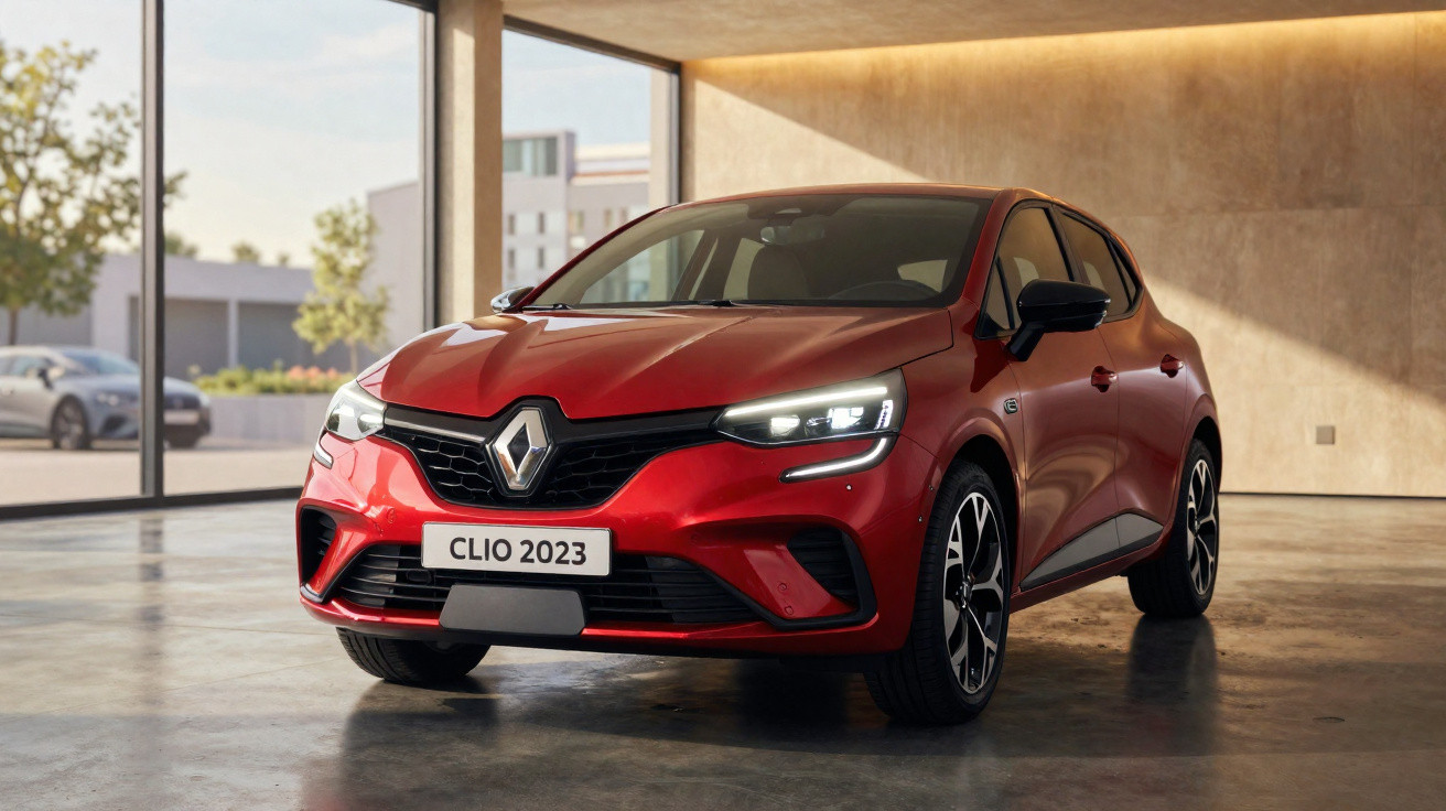 Carro vermelho Renault Clio 2023 estacionado num espaço interior moderno com luz natural.