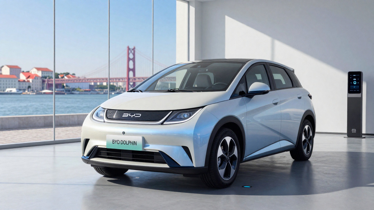 Carro elétrico BYD Dolphin branco estacionado em espaço interior com vista para ponte suspensa.