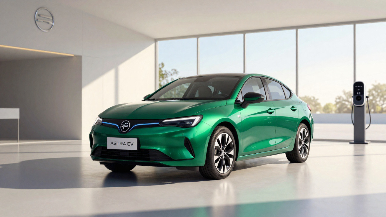 Carro elétrico verde Astra EV estacionado em espaço interior moderno com estação de carregamento ao fundo.