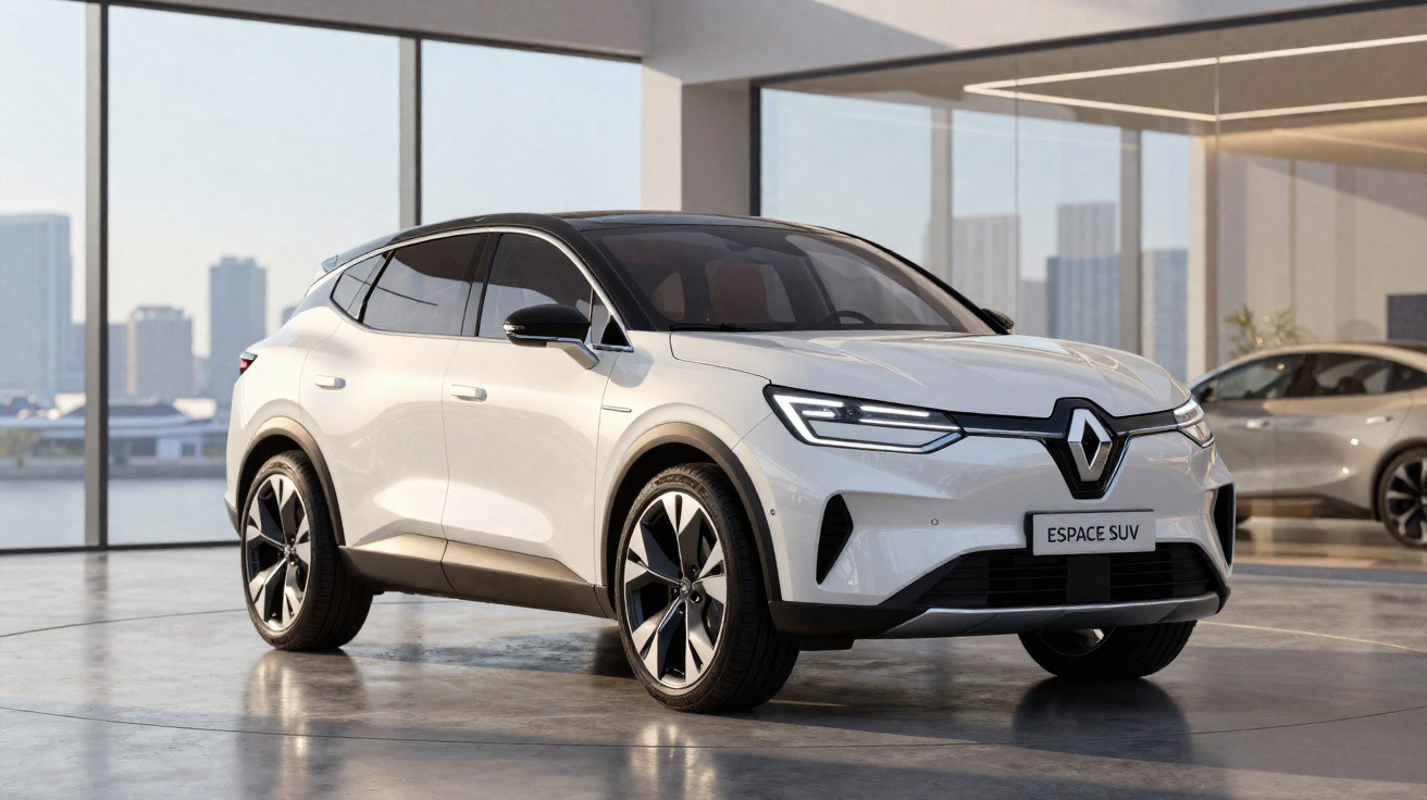 SUV Renault Espace branco estacionado em showroom com vista urbana ao fundo.