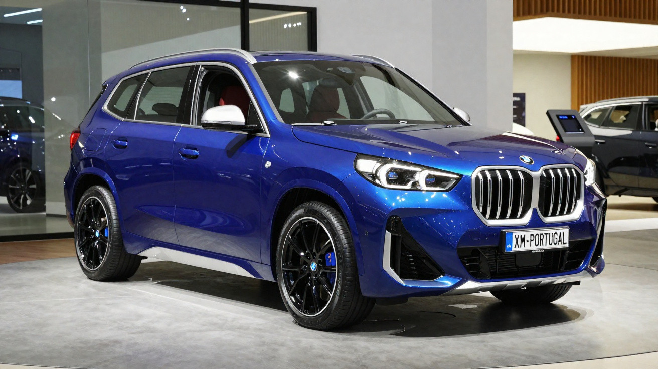 SUV azul metálico BMW estacionado em showroom com matrícula personalizada XM-PORTUGAL.