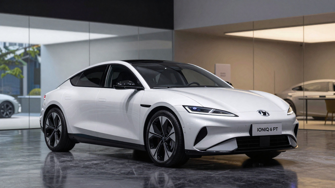 Carro elétrico Hyundai Ioniq 6 branco estacionado em interior moderno com chão refletor.