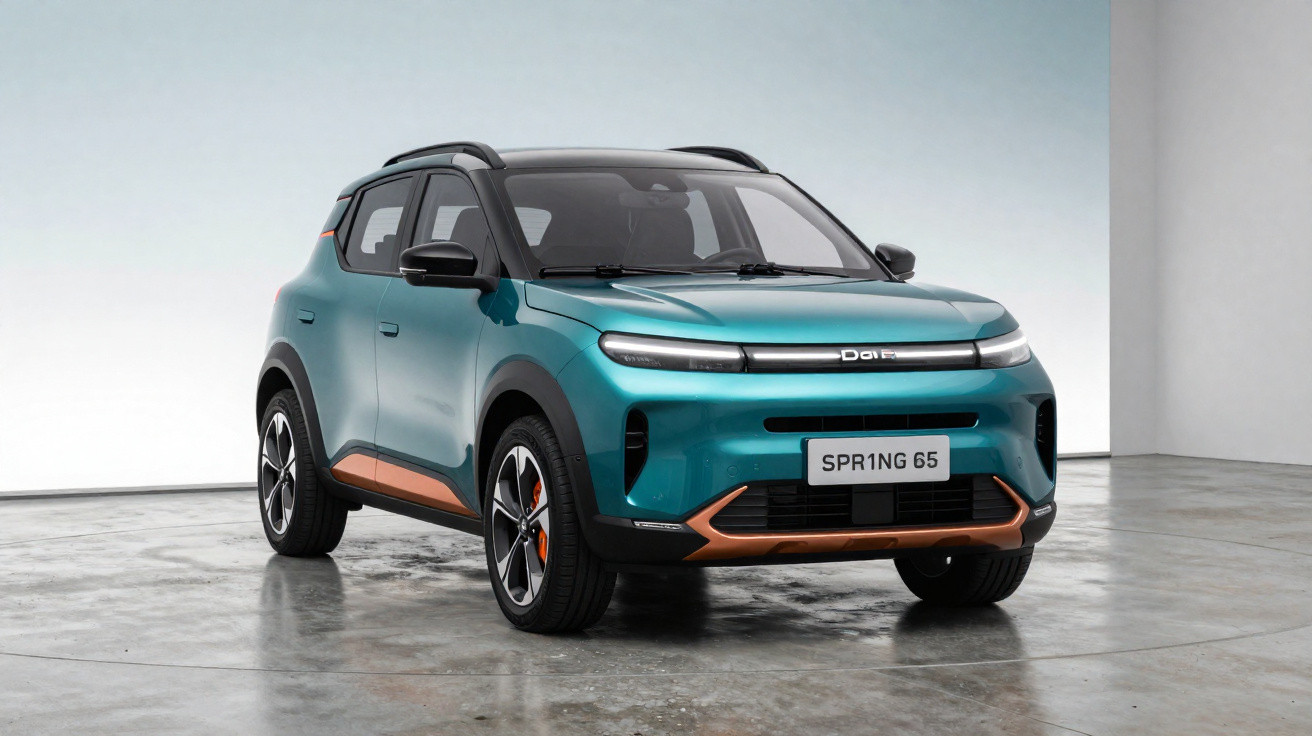 Automóvel elétrico SUV compacto azul com detalhes cor de cobre em espaço interior vazio.