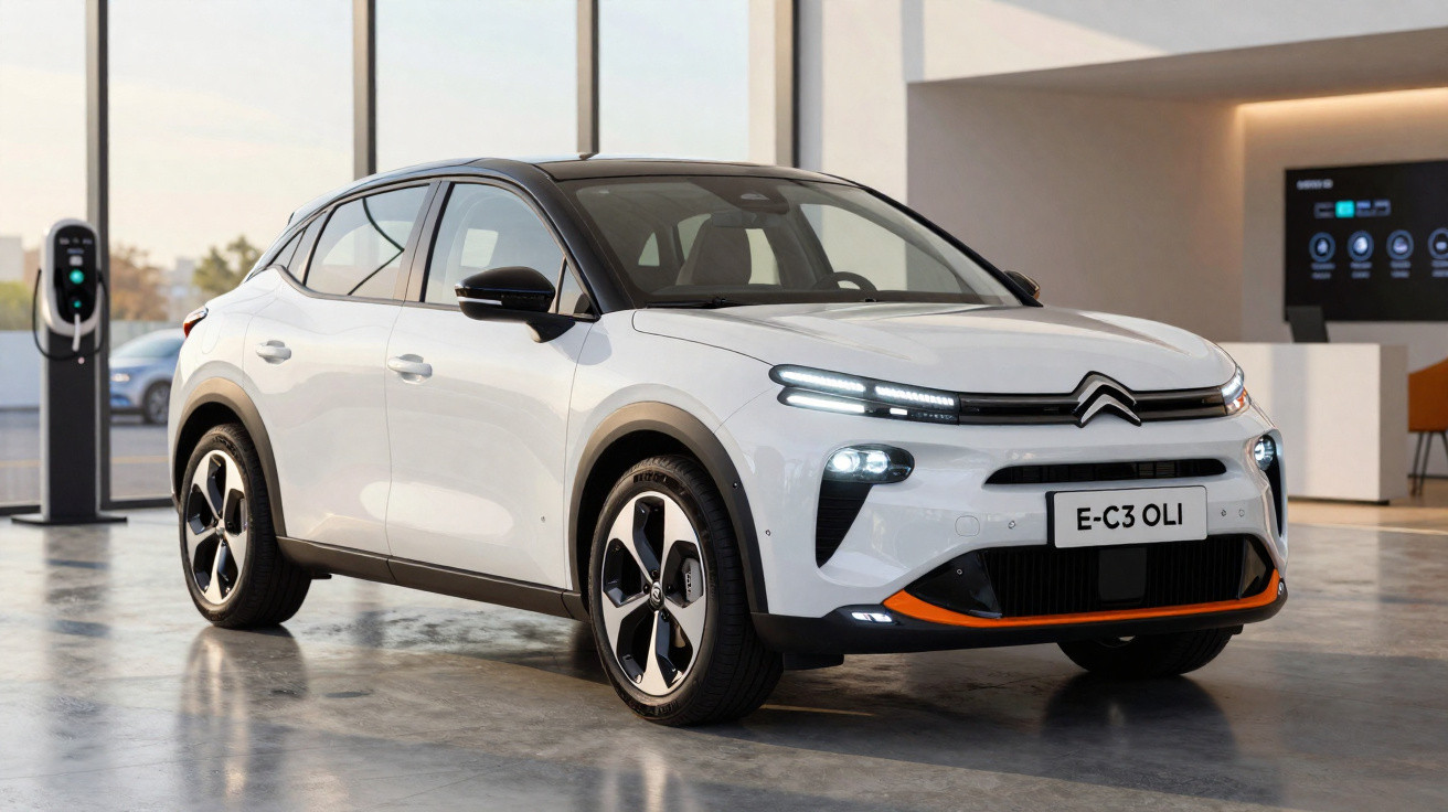Automóvel Citroën E-C3 OLI branco estacionado em interior moderno junto a posto de carregamento.