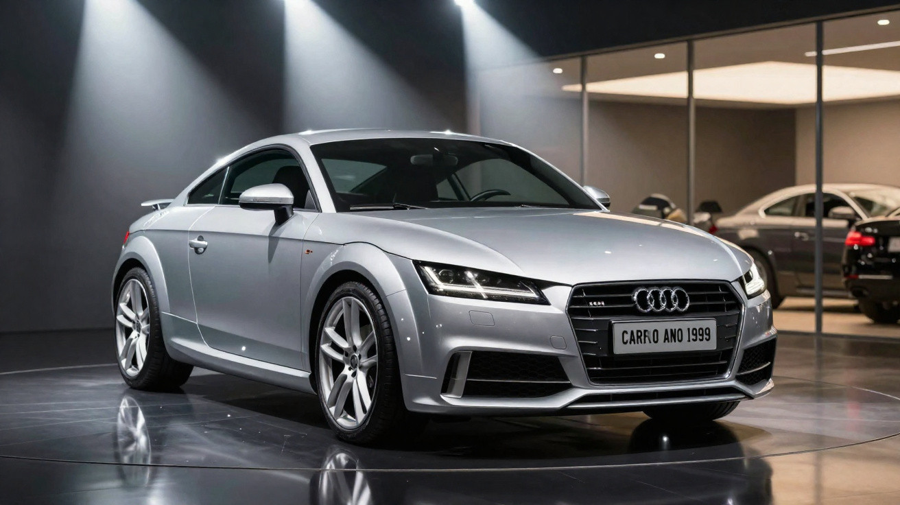 Carro desportivo Audi cinzento prateado num salão automóvel moderno com iluminação focada.