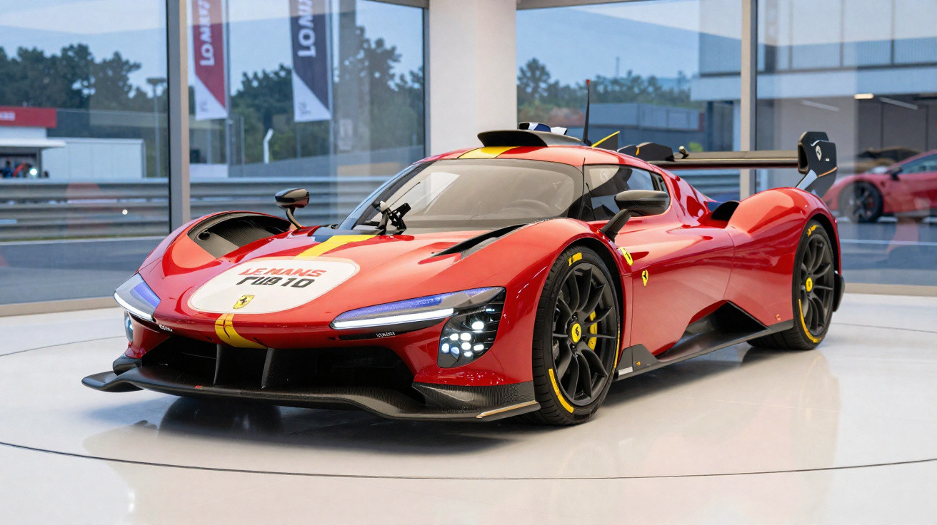 Carro desportivo Ferrari vermelho de alta performance exposto em sala com grandes janelas.