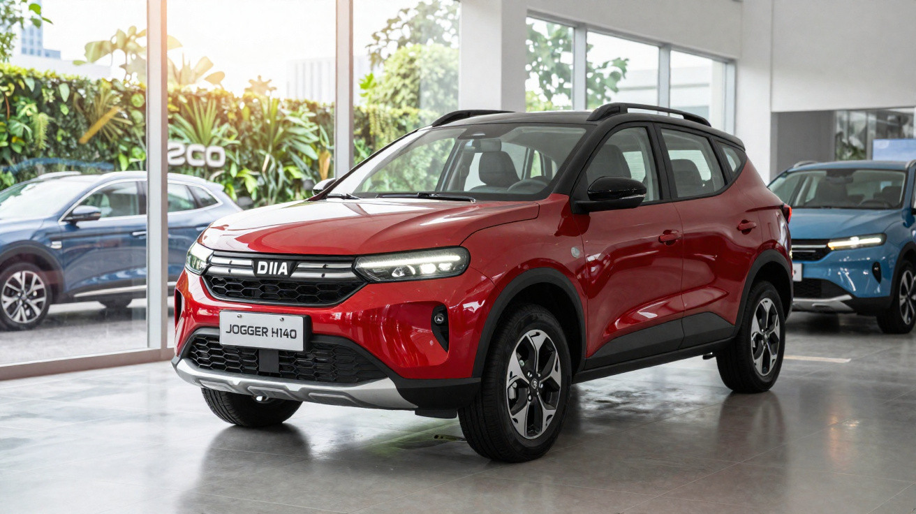 Carro SUV vermelho DIAA Jogger H140 estacionado em showroom moderno com janelas amplas e dois carros ao fundo.