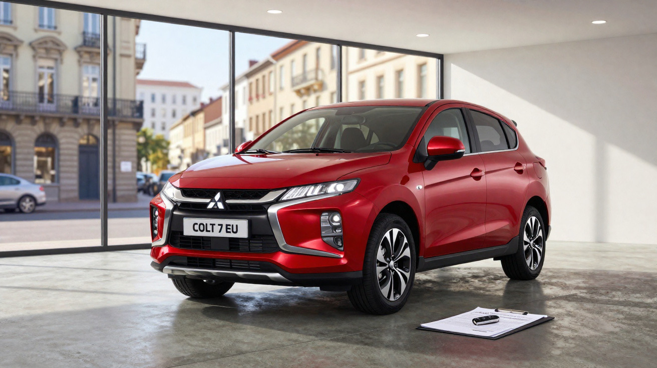 Carro Mitsubishi Colt 7 EU vermelho estacionado em espaço interior com janelas amplas e vista urbana.