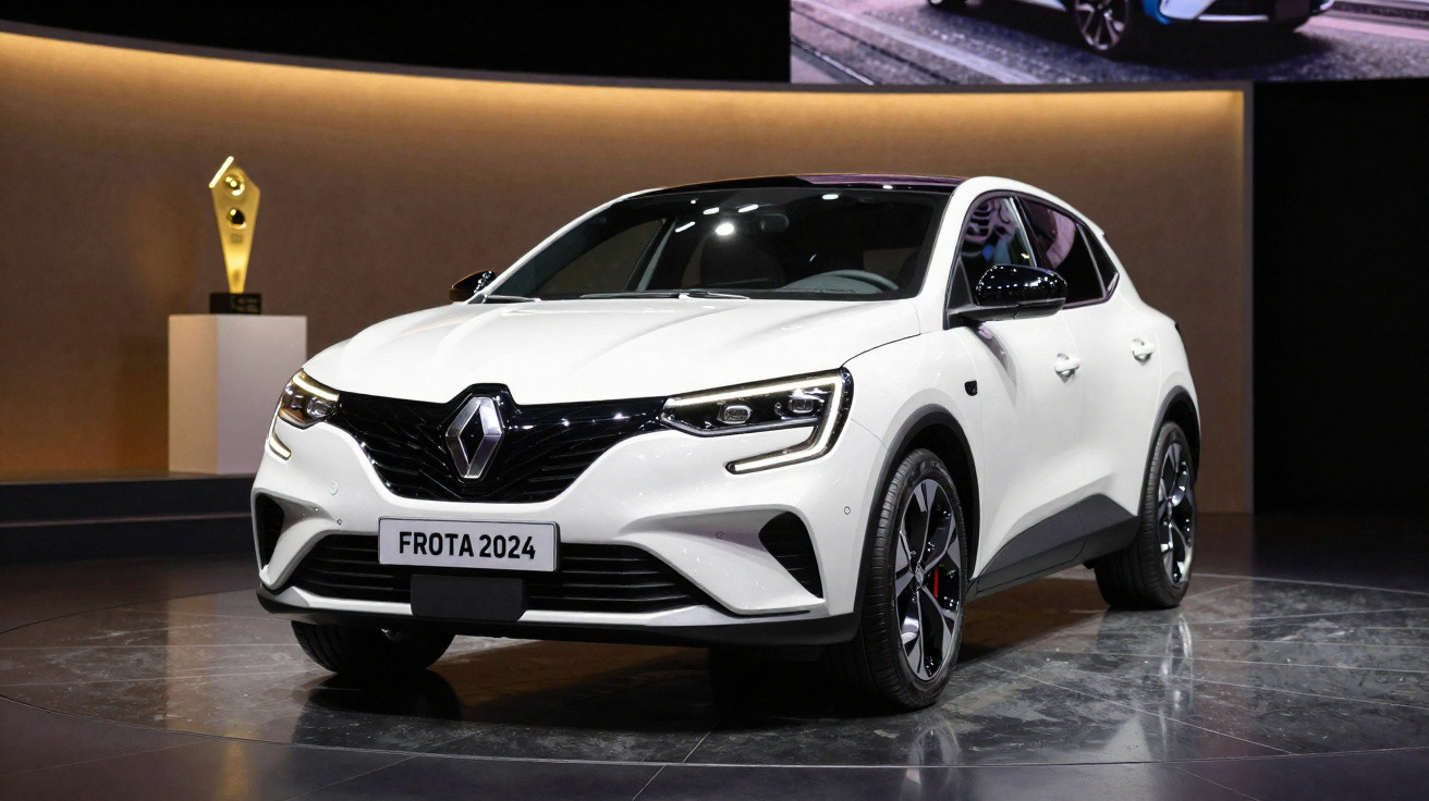 Renault branco modelo 2024 em exposição, com logótipo frontal proeminente e luzes LED modernas.
