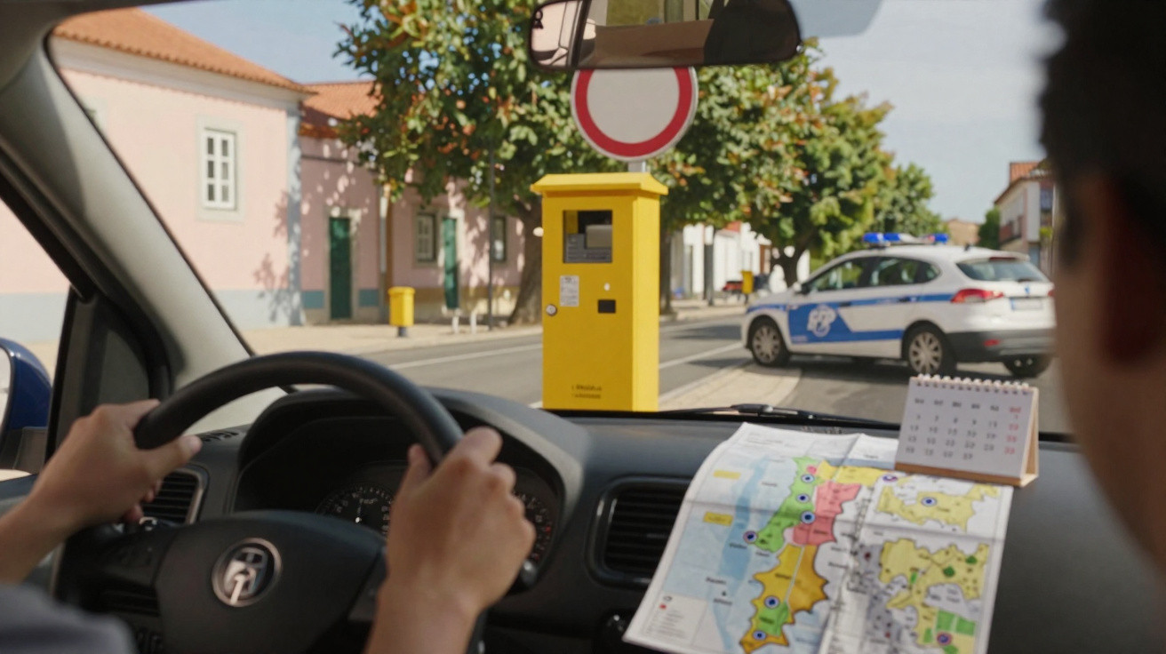 Interior de carro com motorista, mapa e polícia visível na rua numa vila com casas tradicionais.