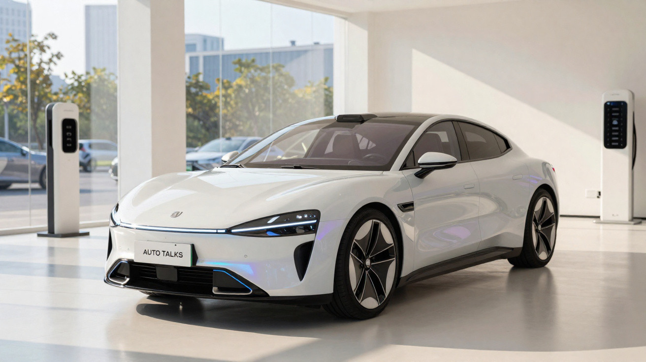 Carro elétrico branco moderno estacionado em sala com carregadores de veículos elétricos.